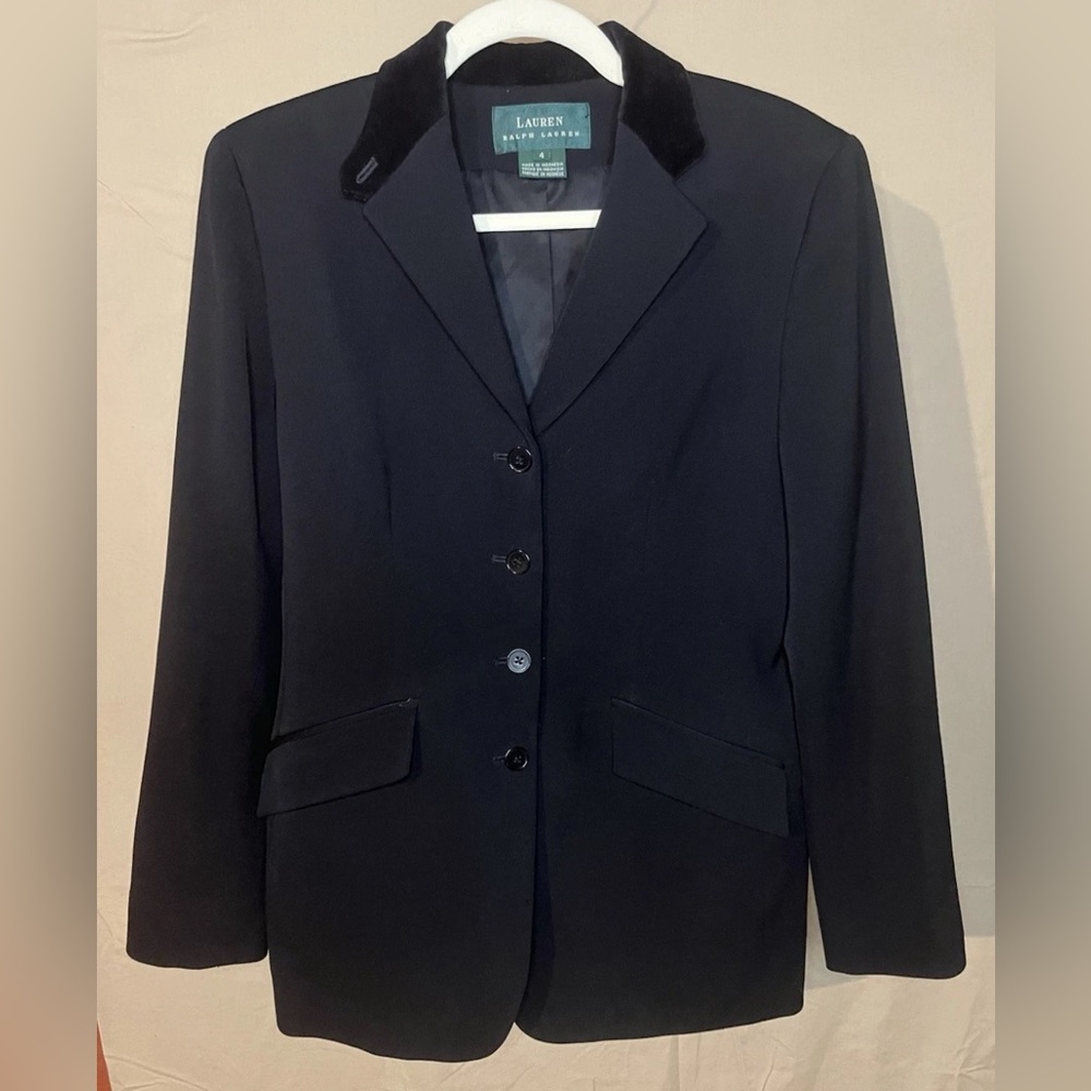 Lauren Ralph Lauren Equestrian Black Velvet Collar Wool Blend Black Blazer